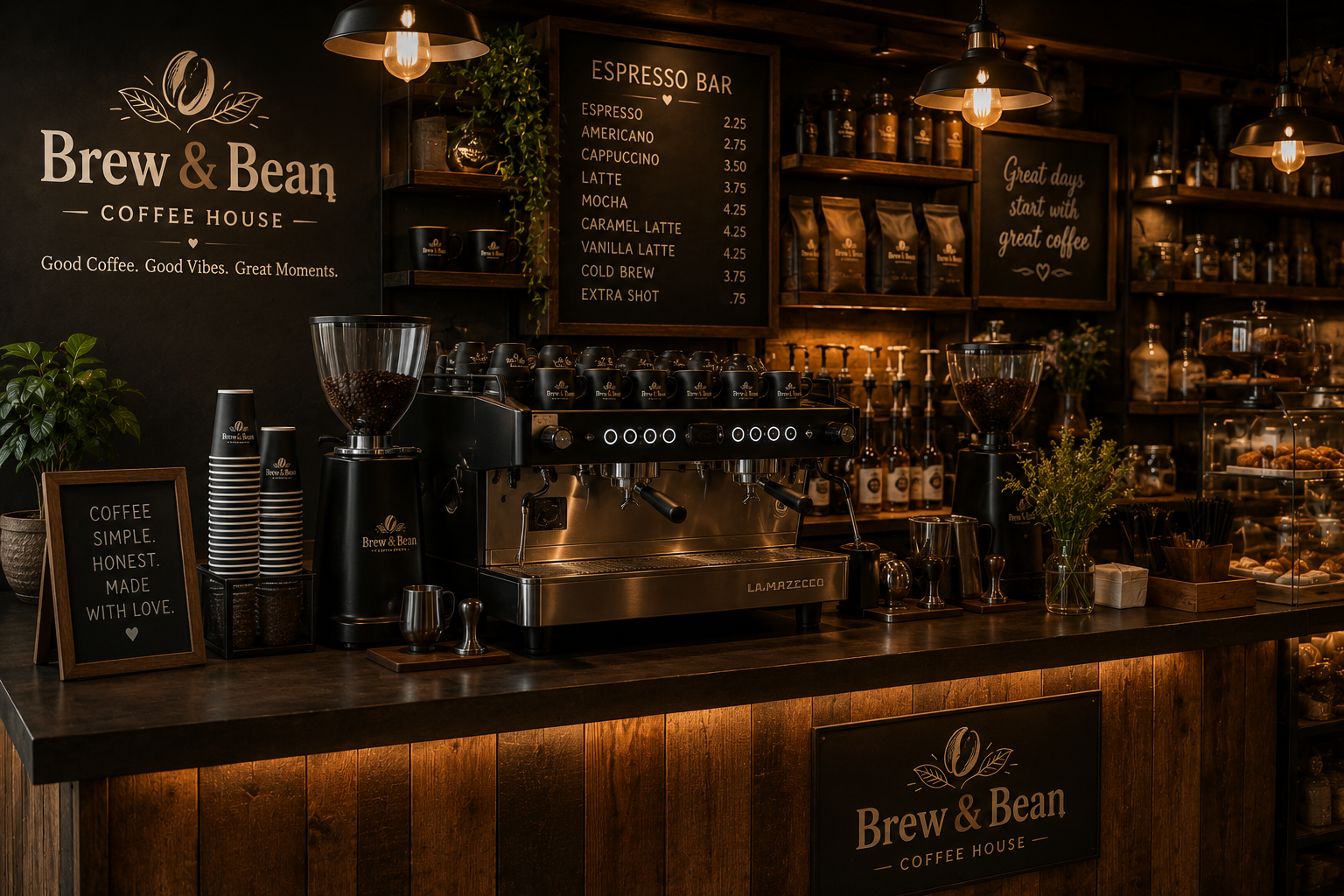 Espresso bar with menu board, espresso machine, and pastry case