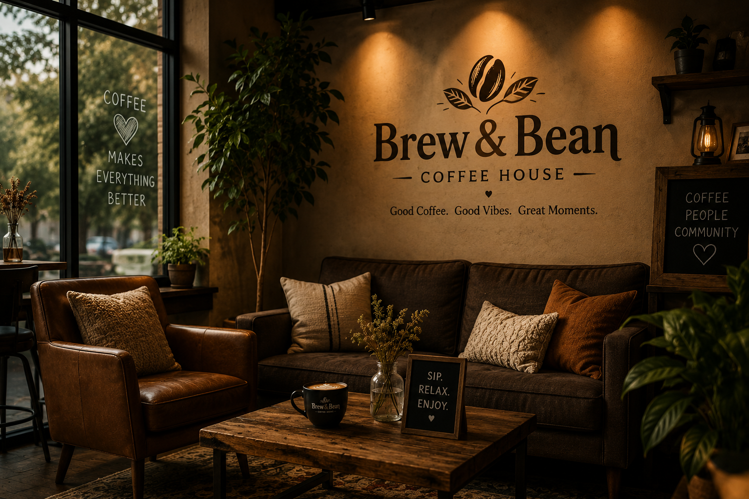 Cozy lounge seating area with leather chairs, pillows, and the Brew and Bean logo on the wall